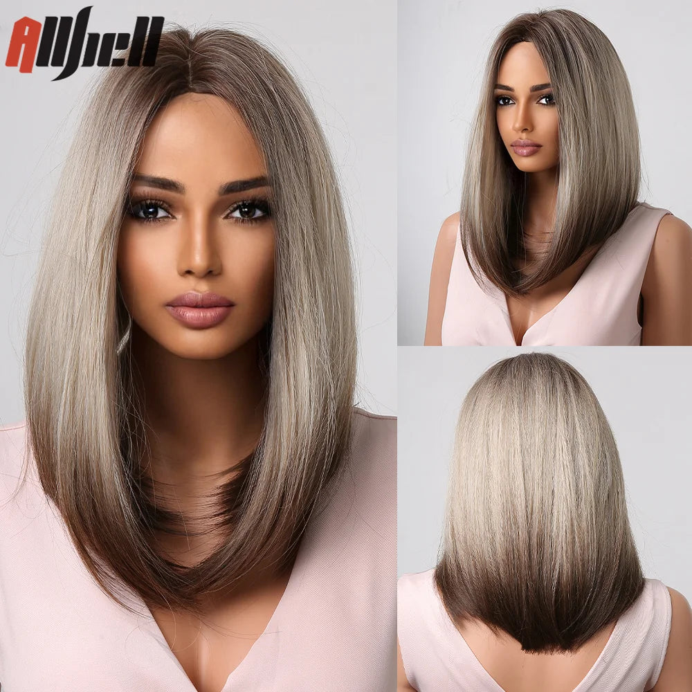 Medium Length Chestnut Brown Synthetic Wigs Hair Middle Part Wine Red Highlights Straight Wig Heat Resistant for Women Party Cosplay