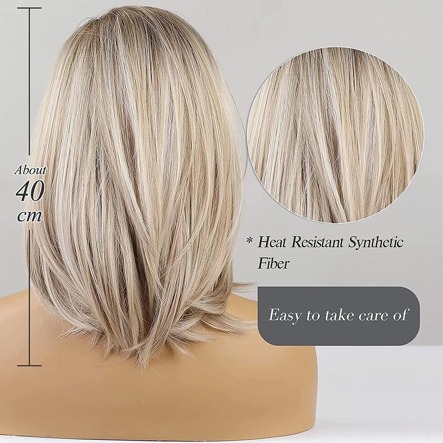 ALAN EATON Layered Synthetic Wig with Bangs Straight Short Highlights Blonde Hair Wigs with for Women Daily Use