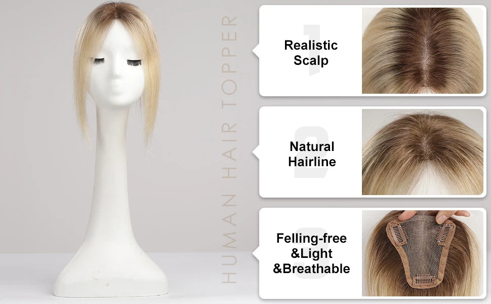 Blonde Ombre 100% Remy Human Hair Toppers Clips In Hair Lace Base Topper Hairpieces for Women Hair Extensions 12 Inch Straight