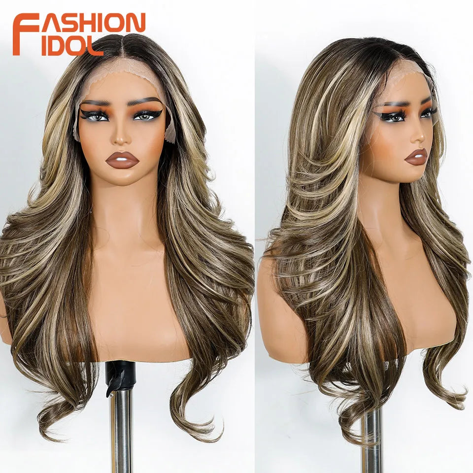 FASHION IDOL 24 Inch Long Loose Body Wavy Lace Front Wigs For Women Hair Style Pre-Cut Pre Plucked Lace Hair Wigs Ombre Blonde White Cosplay Wig