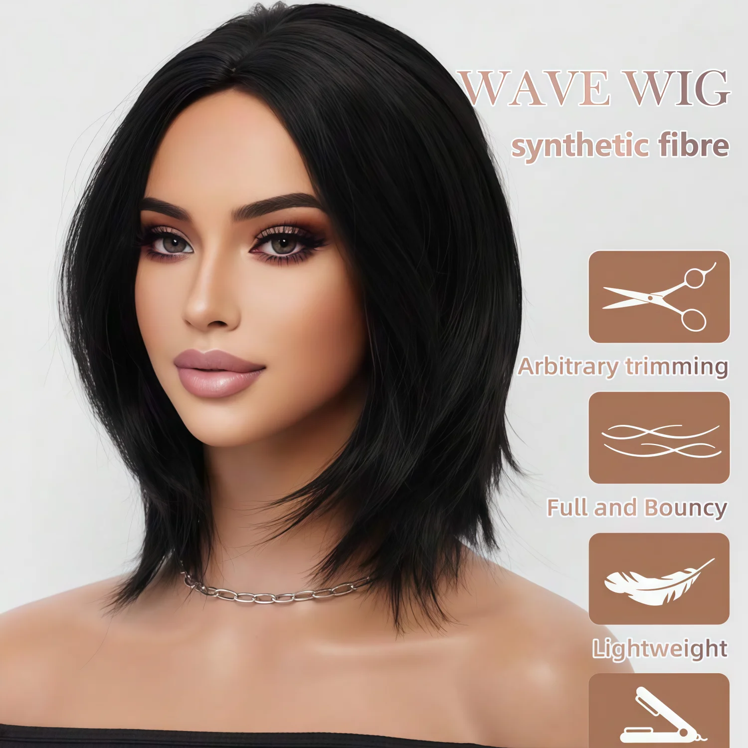 Natural black medium split short wigs Bob shoulder length wig 14 inch layered thin breathable synthetic fiber heat-resistant wigs