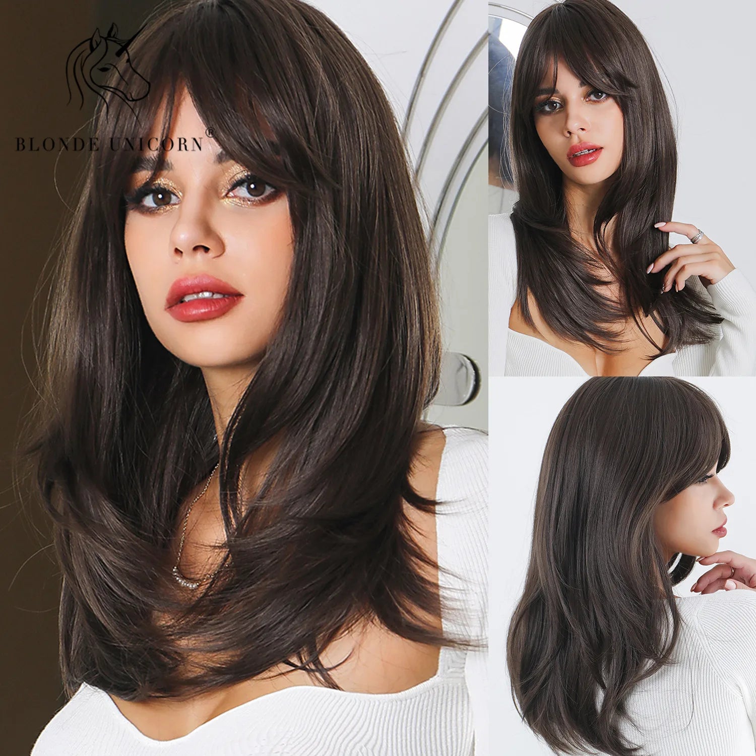 Blonde Unicorn Synthetic Medium Long Straight Brown Blonde Wig For Women Cosplay Daily Party Wigs Heat Resistant False Hair Style