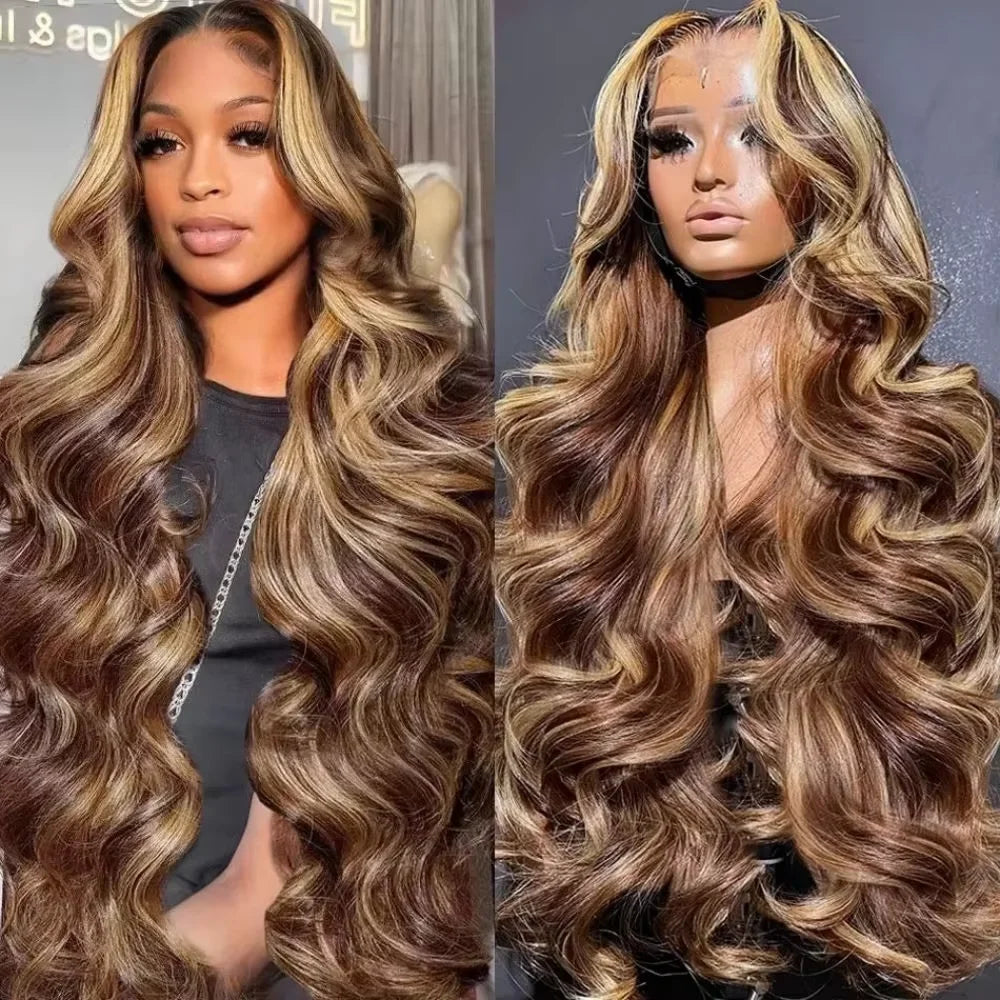 P4/27 Highlight Ombre Brown Body Wave 13x6 Human Hair Wig Honey Blonde Colored 13x4 HD Lace PrePlucked 40 46 Inch Hair Style Wigs For Women
