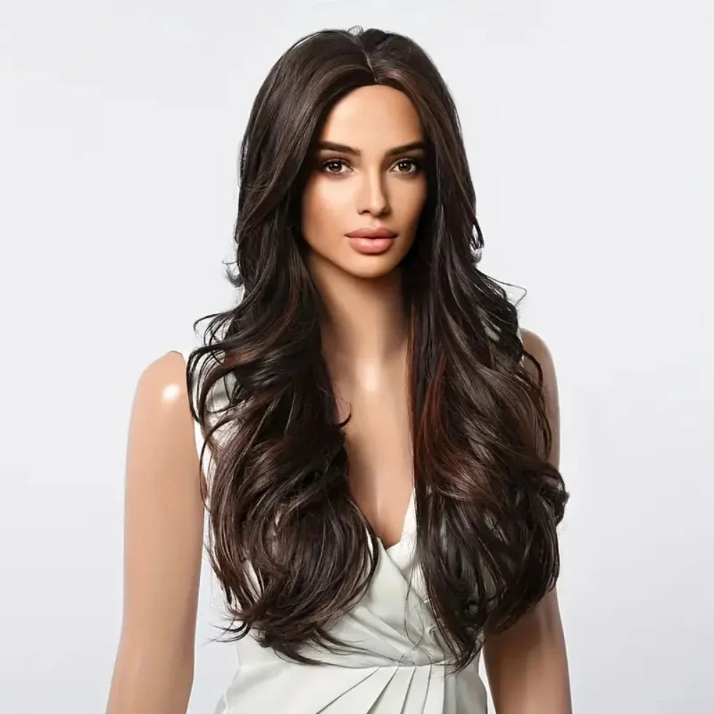 26in Highlight Brown Wave Curly Wigs Heat Resistant Synthetic Hair Style Wigs for Women Natural Look for Cosplay, Daily Use Halloween Party