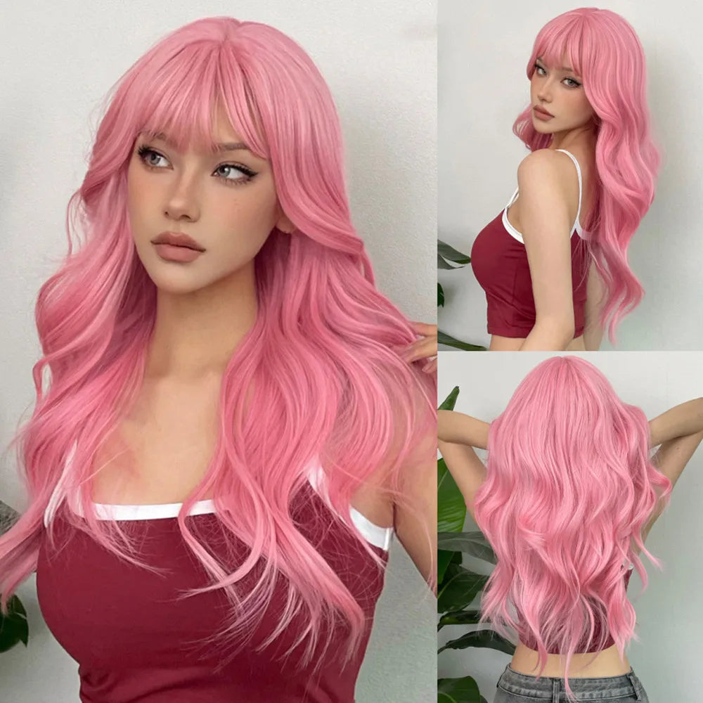 Long Copper Brown Synthetic Curly Wig for Women Auburn Hair Style Wigs with Bangs Layered Straight Hair Natural Daily Heat Resistant