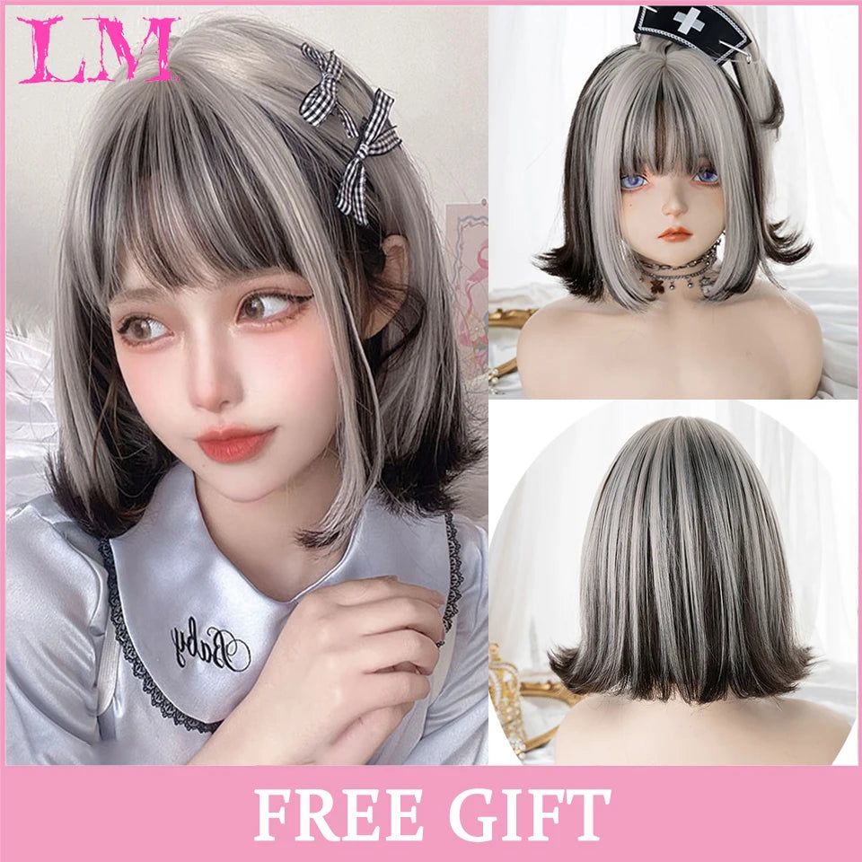 LM Cosplay Wig With Bangs Synthetic Straight Hair Wigs 24 Inch Long Heat-Resistant Pink Hair Style For Women