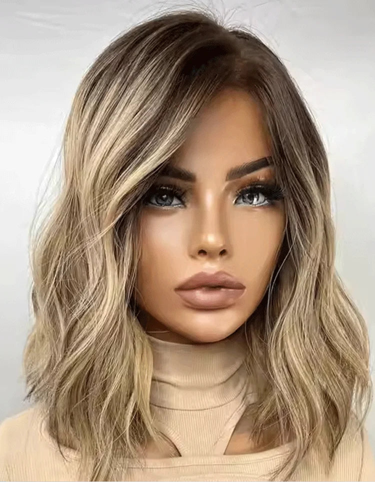 Authentic European Blonde Synthetic Wigs Brown Root short Hair Style Wig Jewish Hair 13x4 Lace Front Wig For Women Daily Party Use