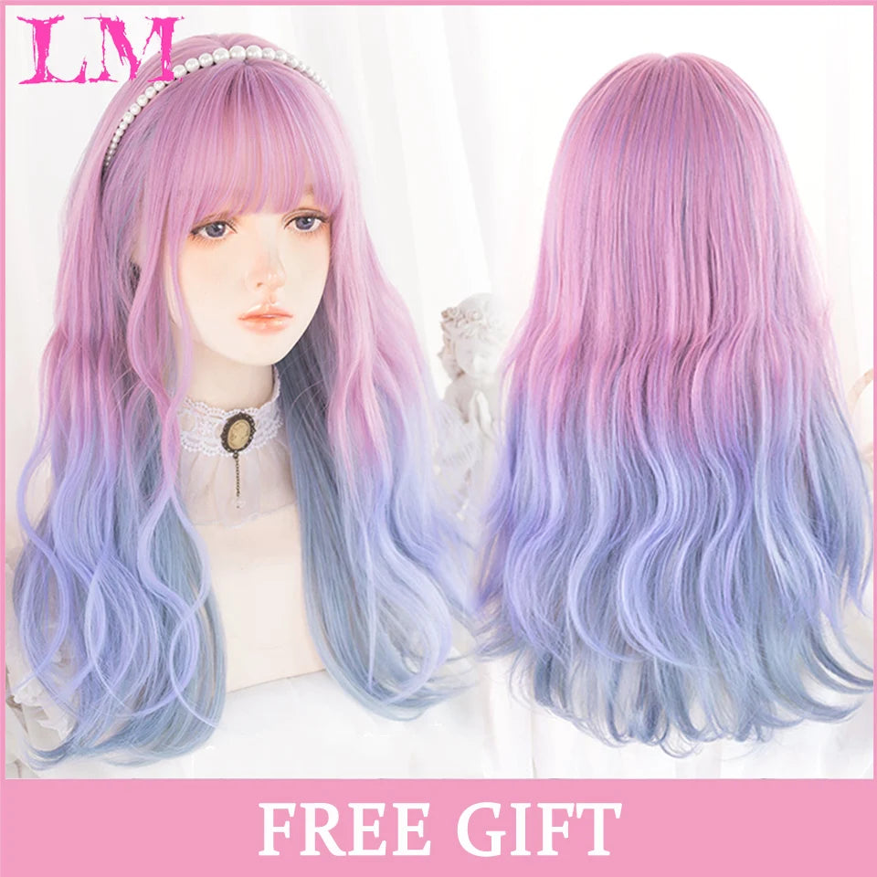 LM Cosplay Wig With Bangs Synthetic Straight Hair Wigs 24 Inch Long Heat-Resistant Pink Hair Style For Women
