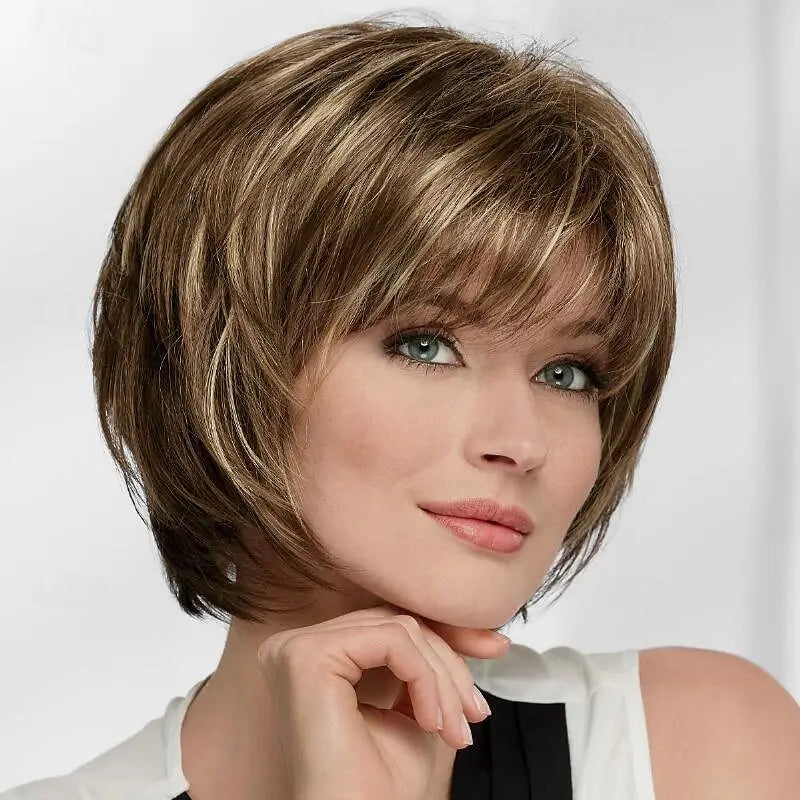 HAIRJOY Synthetic Hair Short Straight Wigs for White Women Mixed Brown Wigs with Bangs  Wig Short Hair Wigs