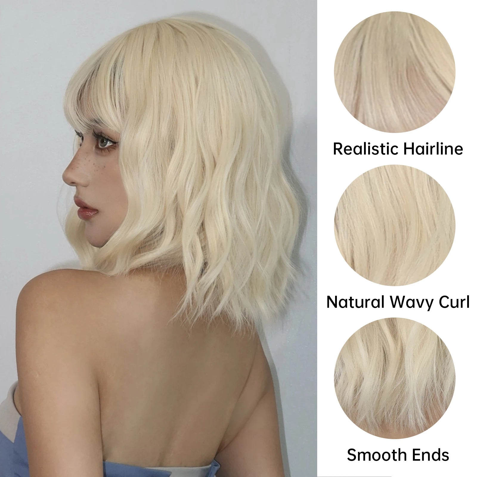 Blonde Short Curly Bob Synthetic Wig with Bangs Platium Golden Lolita Cosplay Wigs for Women Daily Party Cosplay Heat Resistant of Hair Wigs