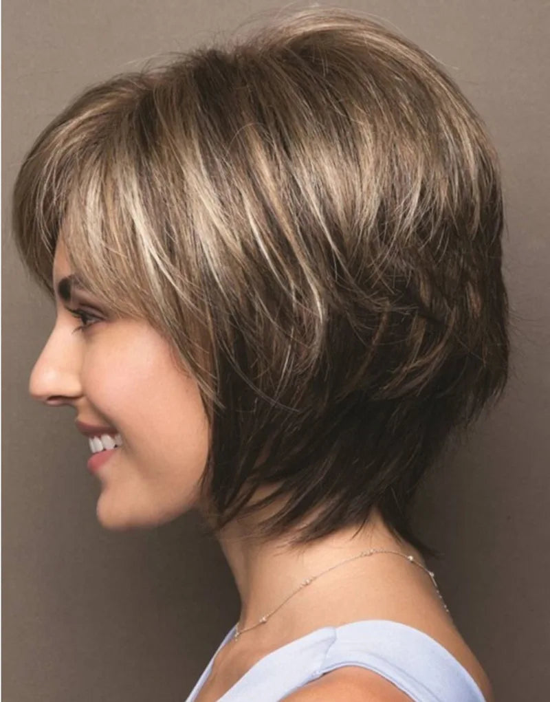 Short Hair Wigs with Bangs Dark Brown Mixed Blonde Pixie Cut Wig for Women Straight Synthetic Fiber Wigs Hair