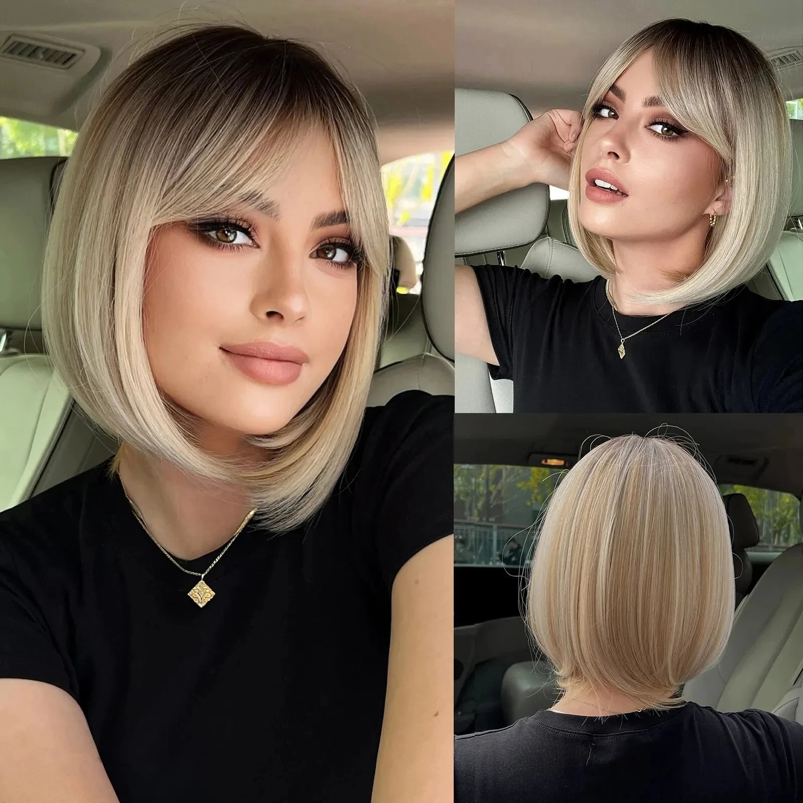 Short Straight Bob Synthetic Wigs Pink Natural Hair Wig with Bangs for Women Cosplay Cute Hair Style Heat Resistant Fiber