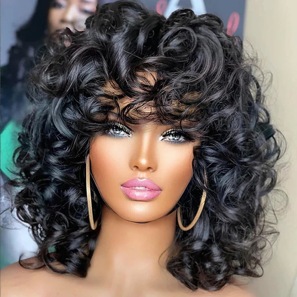 Short Curly Bob Wig Human Hair With Bangs Ready to Go Glueless Bouncy Curly Human Hair Wigs Machine Made Afro Wigs for Women Hair Style
