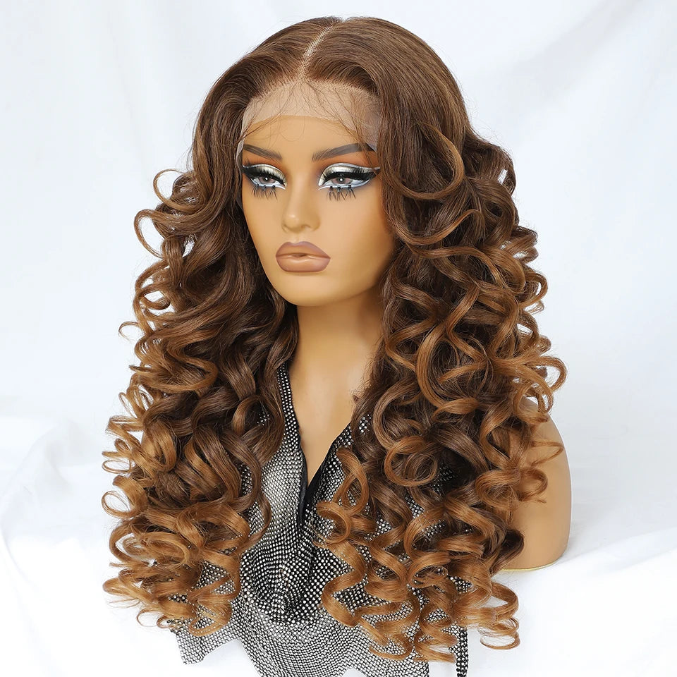 Latisha HD Synthetic Lace Front Wigs Curly Pre Plucked Lace Frontal Wig with Bangs for Women Highlight with Babyhair 24Inch Wigs