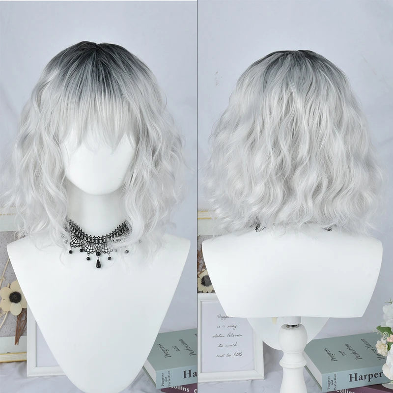 14Inch Pink Wig for Women Short Wavy Pastel Pink Hair Wigs with Lace Shoulder Length Middle Part Curly Wavy of Wigs