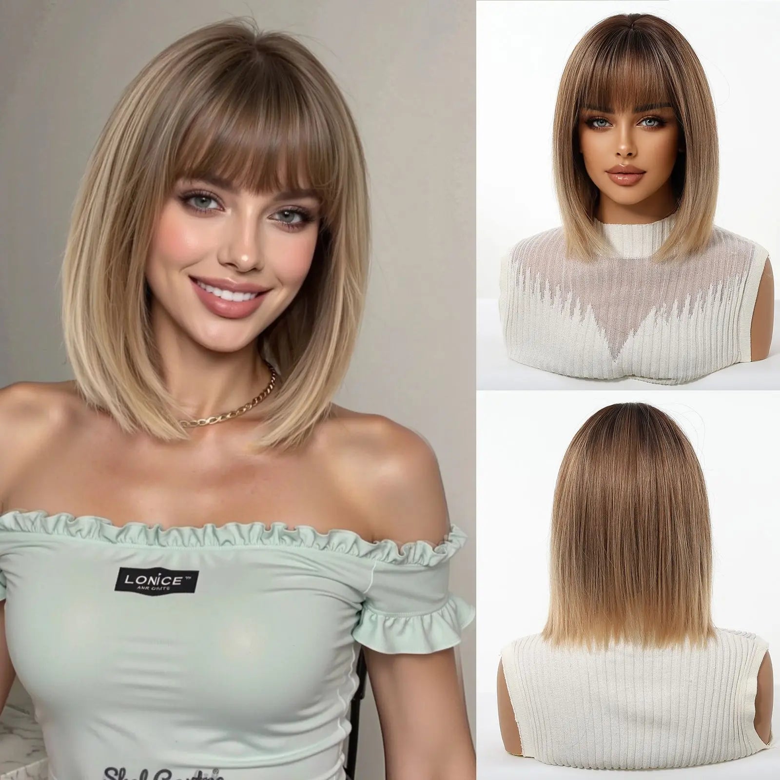 EASIHAIR Short Straight Bob Hair Wigs Synthetic Wig for Women Brown Straight Natural Wigs with Eight Character Daily Cosplay for Women Hair Style