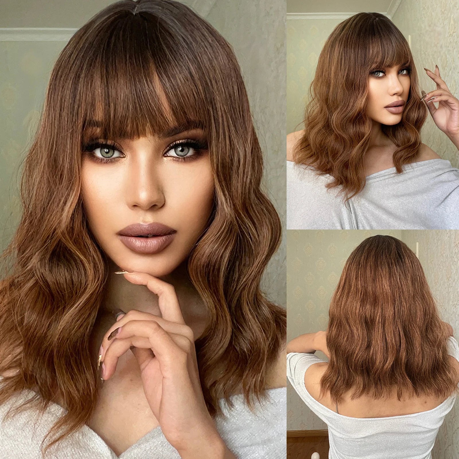 28 Inch Long Curly Wig With Bangs Ombre Brown Hair Style Wigs For Women Highlight Blonde Synthetic Wig For Daily Party Heat Resistant