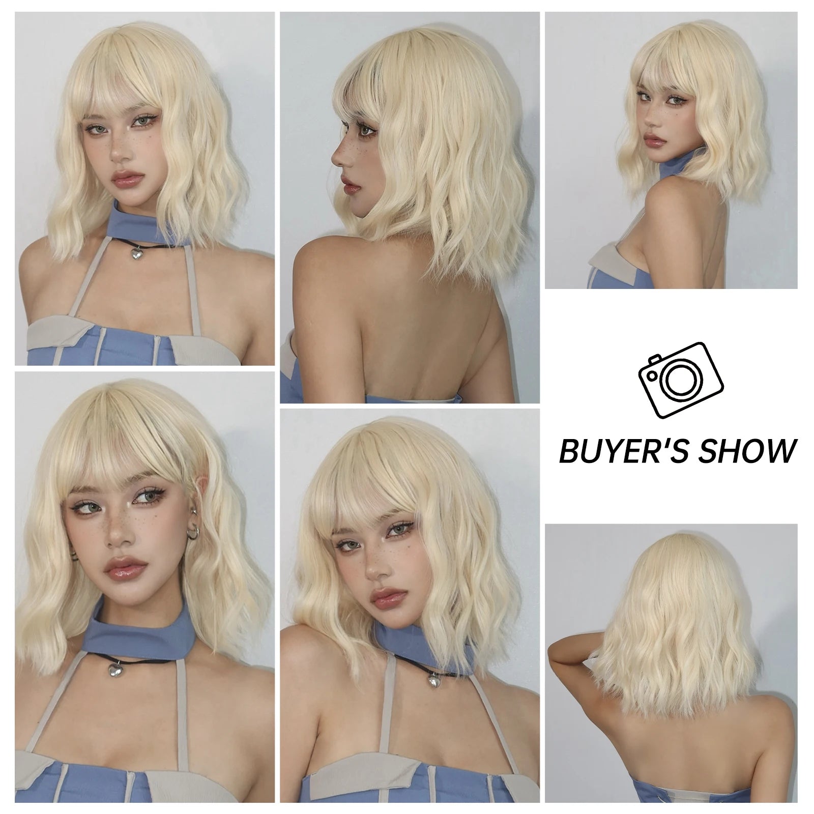 Blonde Short Curly Bob Synthetic Wig with Bangs Platium Golden Lolita Cosplay Wigs for Women Daily Party Cosplay Heat Resistant of Hair Wigs
