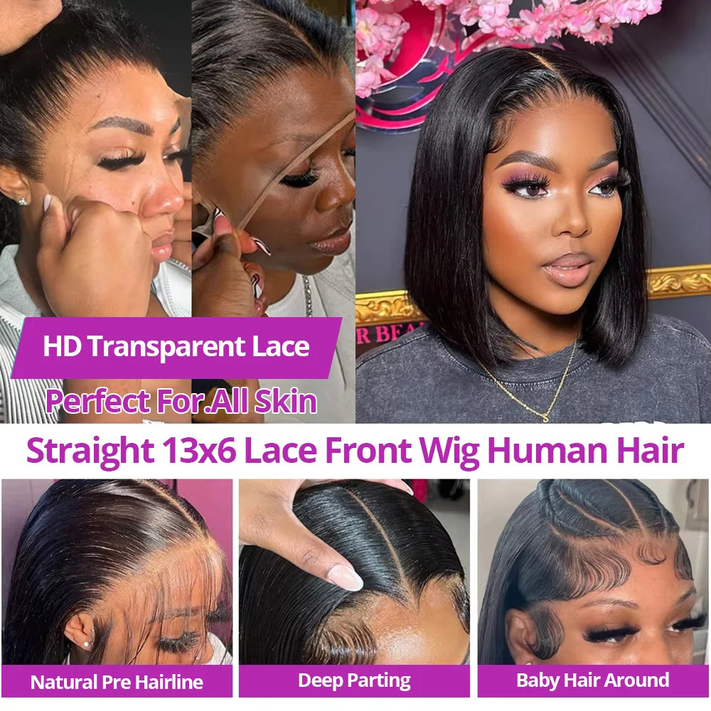 13x6 HD Lace Frontal Short Bob Wig Bone Straight Glueless Pre Cut 7x5 Closure Wigs Ready to Wear 100% Human Hair Wigs Pre-plucked