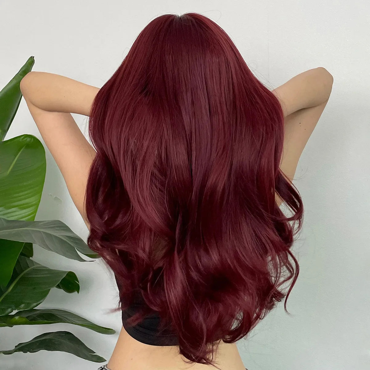 New wine red synthetic wig with bangs big waves long curly hair daily holiday wigs high temperature silk full head cover