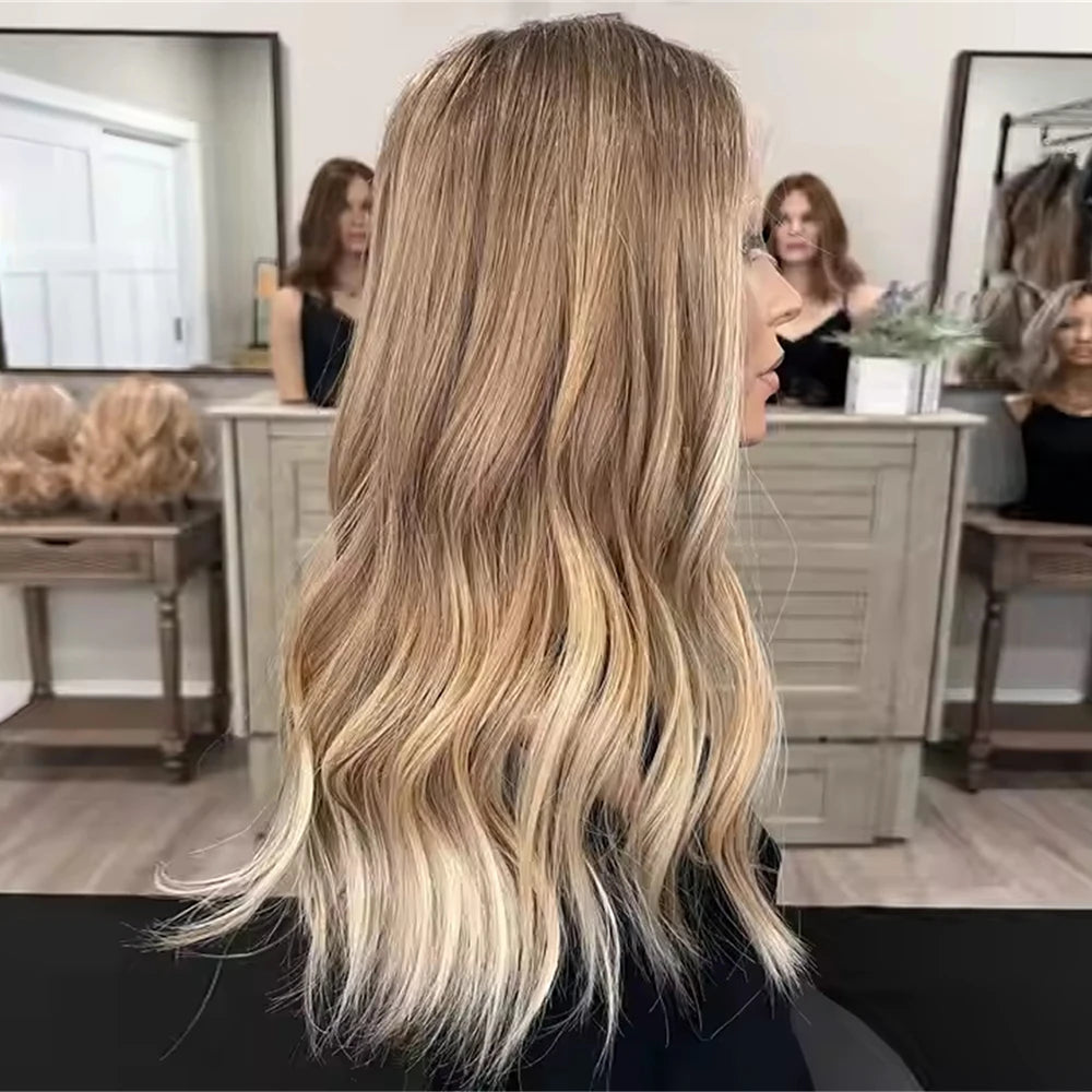 High Heat Fibre Realistic Lace Top Wig Warm Blonde Highlights HD Lace Front Hair Style Wigs for Women Hair Loss 13x4 Glueless Long Wavy Wigs