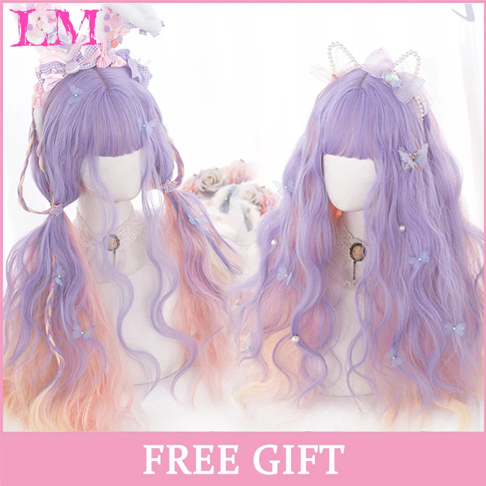 LM Cosplay Wig With Bangs Synthetic Straight Hair Wigs 24 Inch Long Heat-Resistant Pink Hair Style For Women