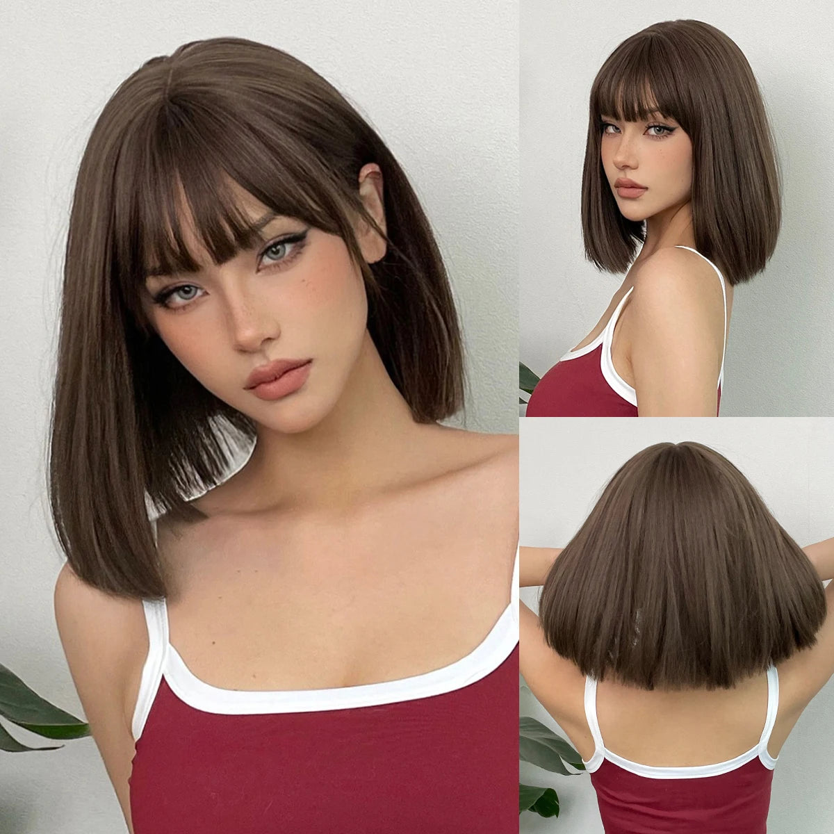 Short Layered Synthetic Wig Ombre Brown Medium Length Straight Natural Looking Hair Wigs with Bangs Heat Resistant Hair Style for Women Daily Use