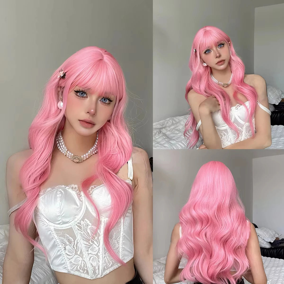 Pink synthetic wig with big waves for Halloween party, cosplay wigs, daily wig, high-temperature hair accessory wig set