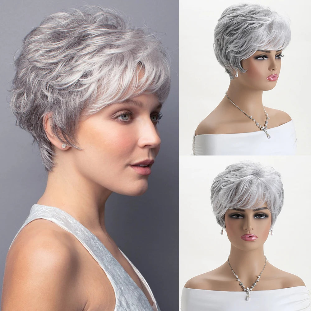 Short Natural Wigs with Bangs Soft Mommy Hair Daily Use Short  Grey Ombre Curly Synthetic Hair Costume Party Wig for Women