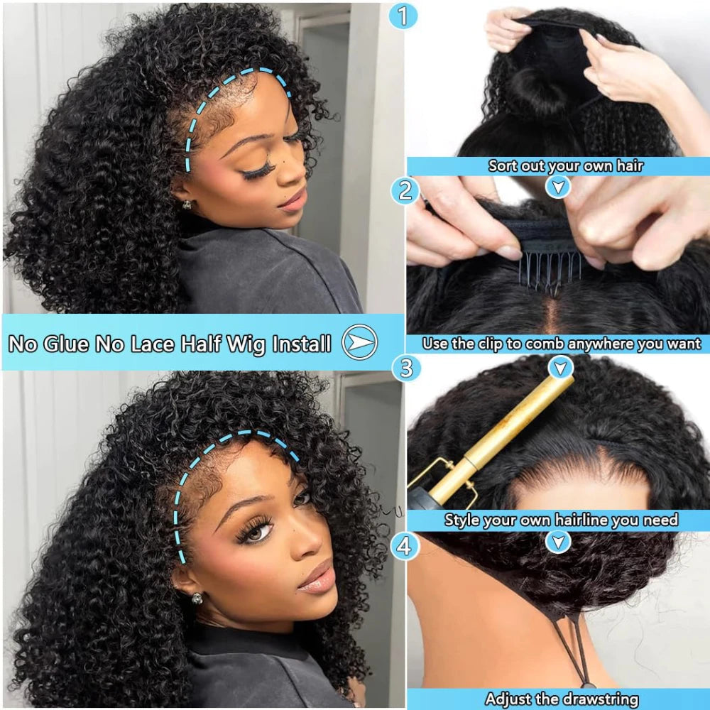 Half Wig Kinky Curly 200% Density Remy  Wigs Hair Curly 100% Human Hair No Leave Out Upgrade Glueless Clip In Half Wigs For Women