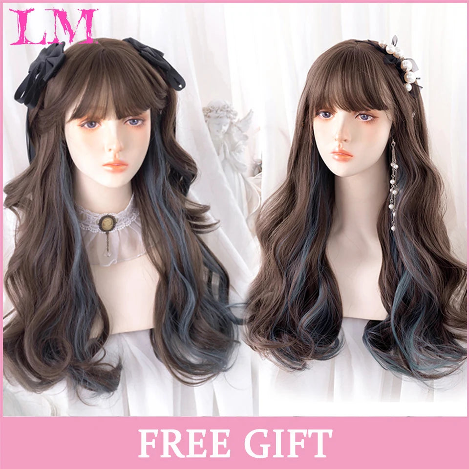 LM Cosplay Wig With Bangs Synthetic Straight Hair Wigs 24 Inch Long Heat-Resistant Pink Hair Style For Women