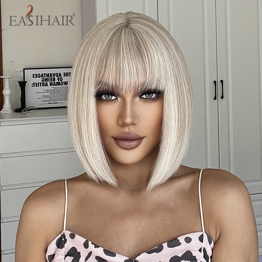 EASIHAIR Synthetic Bob Wig with Bang Short Straight Light Blonde Beige Natural Wigs Hair for Women Daily Cosplay Heat Resistant
