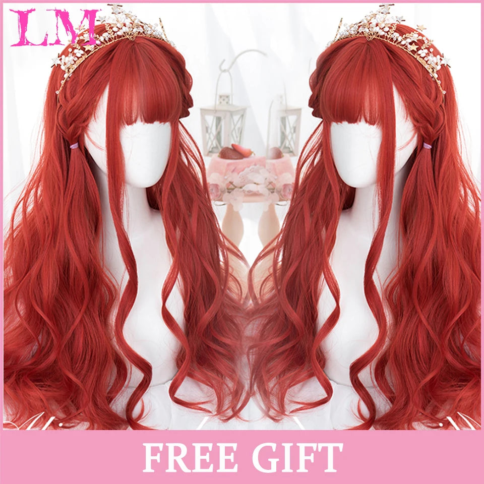 LM Cosplay Wig With Bangs Synthetic Straight Hair Wigs 24 Inch Long Heat-Resistant Pink Hair Style For Women