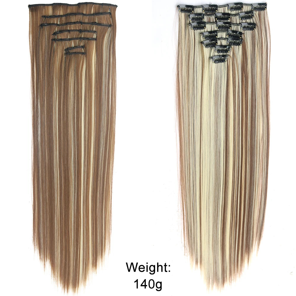 7Pcs/Set 16 Clips Wig Hair Accessories Extension Black Long Straight Natural Hair Wigs Ombre Hairpiece Heat Resistant Fiber For Women Hair Style