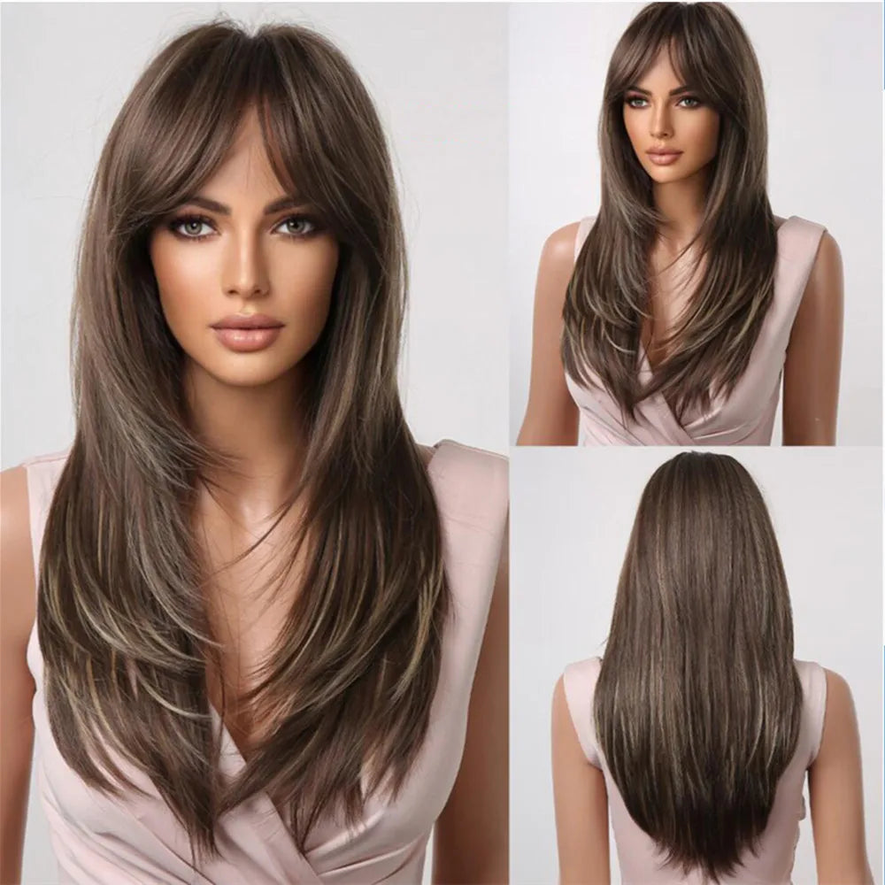 ALAN EATON Long Brown Highlight Synthetic Wig Layered Straight Hair Style Wigs Realistic Fake Hair for Daily Wear High Temperature Wigs