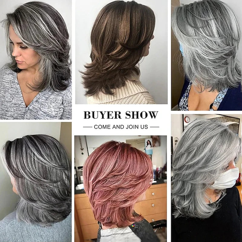 HAIRJOY Dark Gray Ombre Layered Wigs with  Bangs for Black Women Synthetic Hair Style Short Gray Highlight Straight  Layered Bob Wig