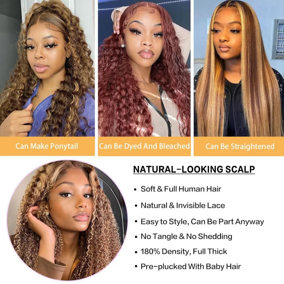 P427 Highlight Wig Human Hair Style Wigs Hd Lace Wig 13X6 Human Hair Deep Wave Frontal Wig Curly P1B30 Lace Front Hair Wigs Brazilian 250 Density