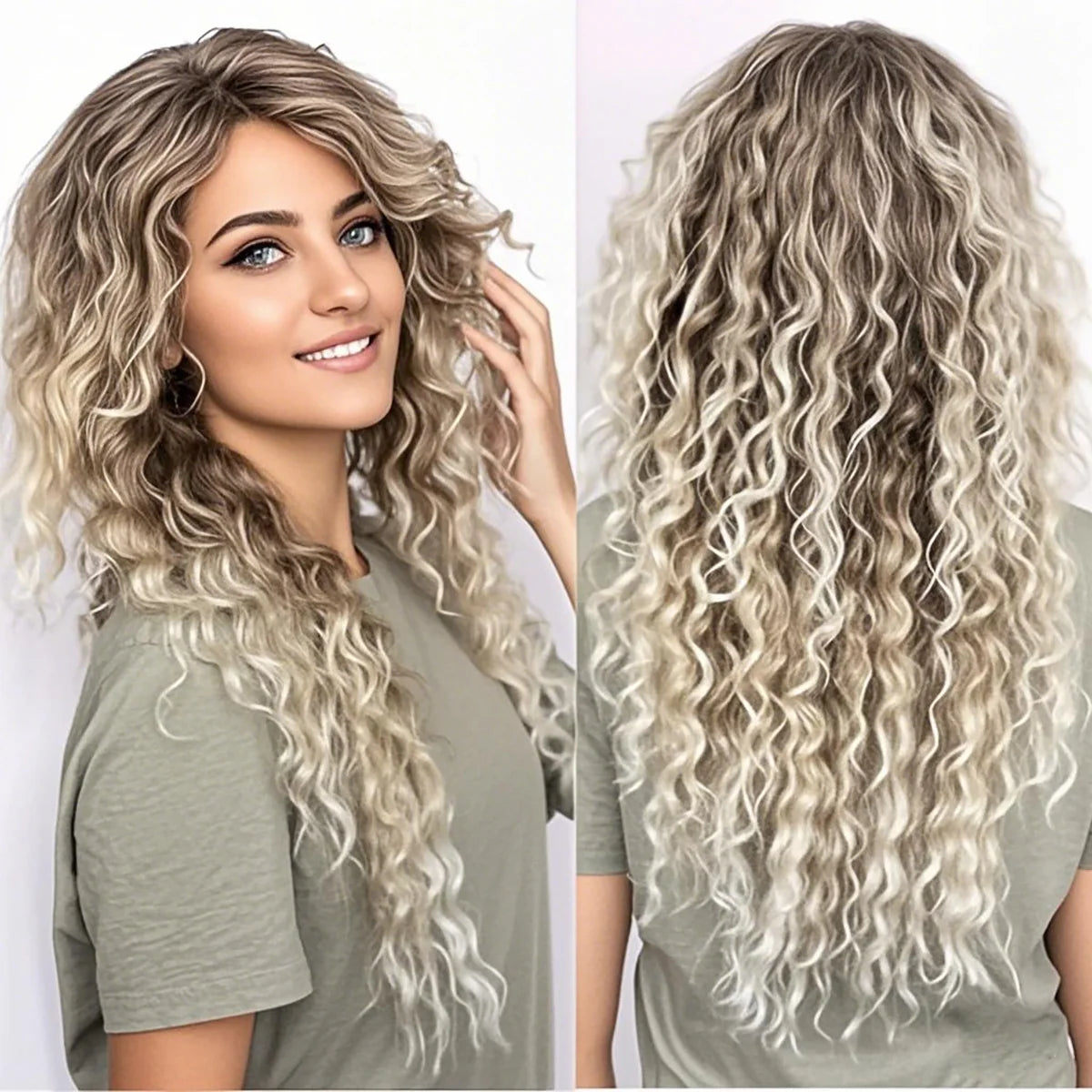 Womens Wig Long Synthetic Hair Ombre Blonde Curly Hair Wigs Female Natural Wavy Drag Queen Regular Wig 80s Gradient Hair Style Wigs for Student