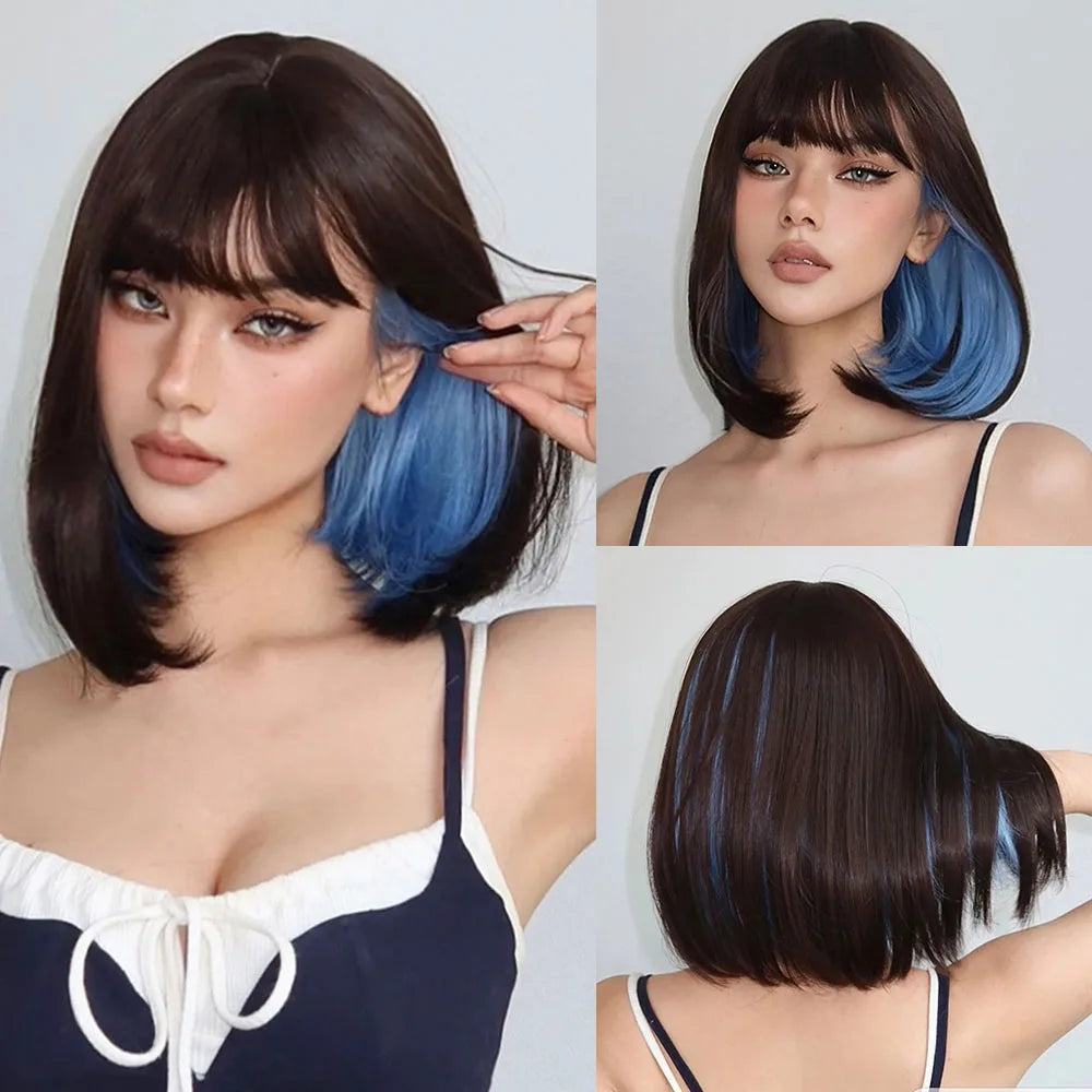 Dark Brown Short Bob Synthetic Hair Wigs with Bangs Straight Cosplay Lolita Natural Wig for Women Afro Blunt Cut Heat Resistant