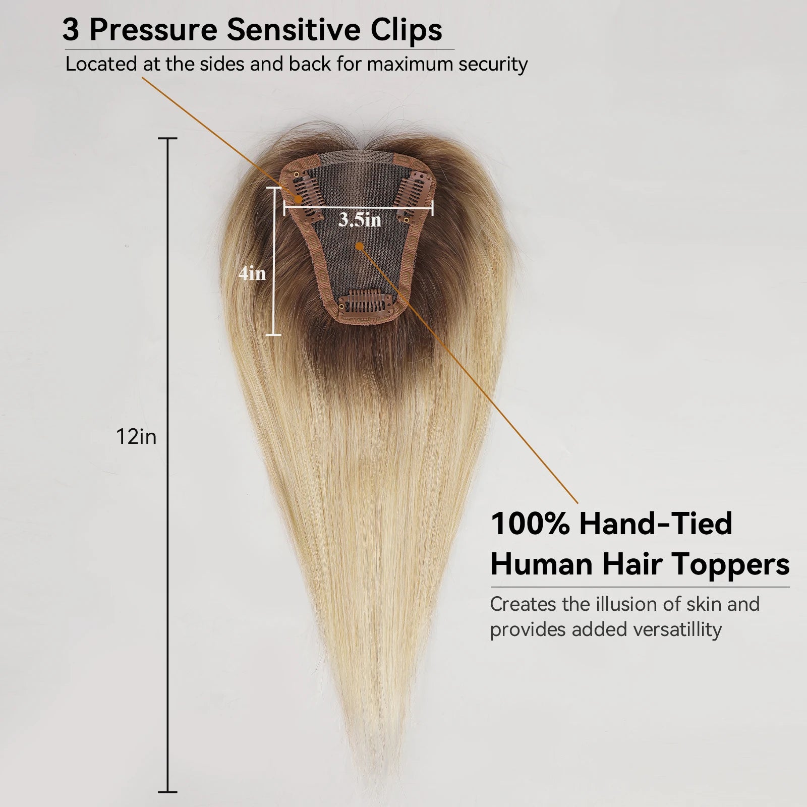 Blonde Ombre 100% Remy Human Hair Toppers Clips In Hair Lace Base Topper Hairpieces for Women Hair Extensions 12 Inch Straight