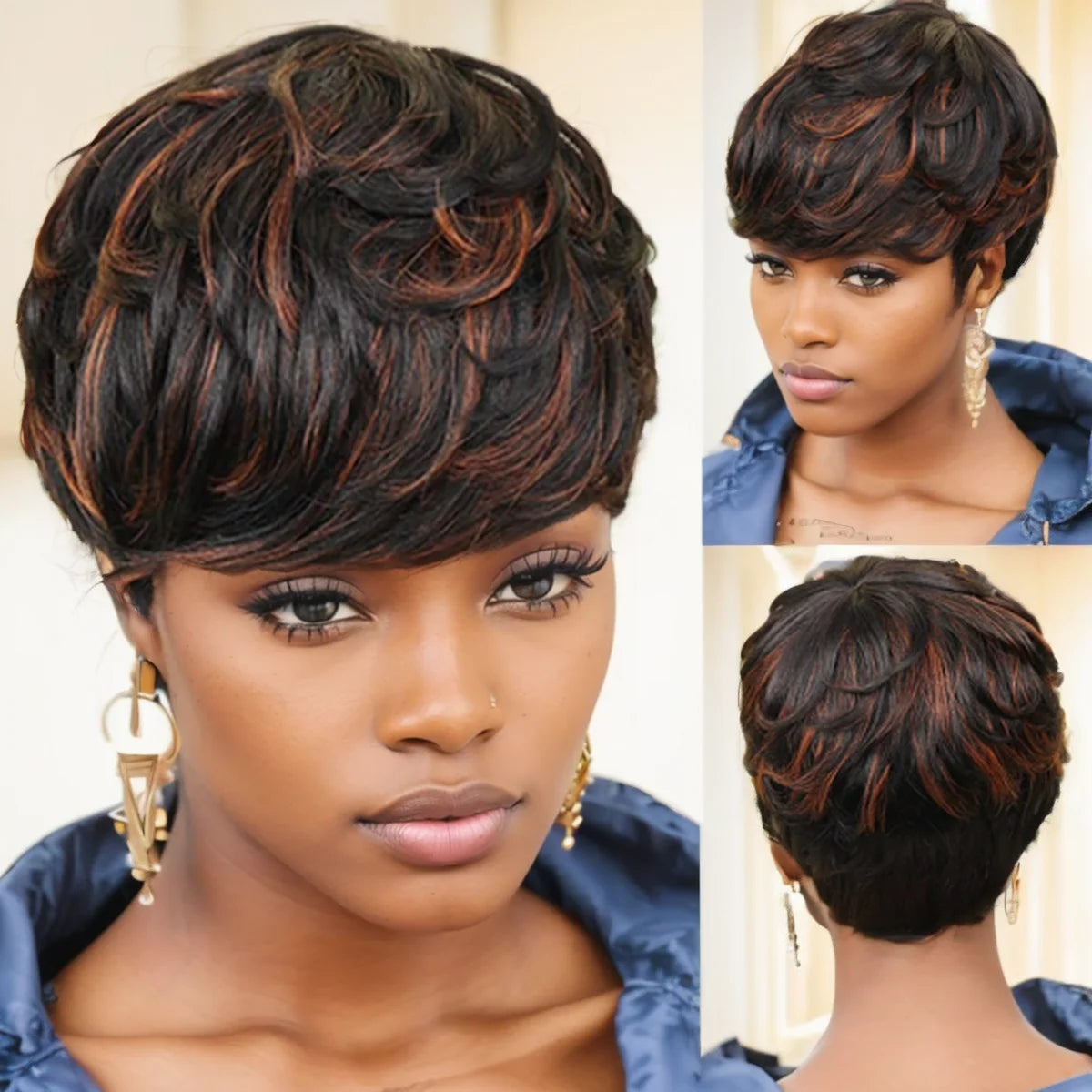 WIGERA Highlight Synthetic Hair Wigs Short Straight  Pixie Cut Hair Bob Wig Honey Gold Mix Black For Woman Daily Use