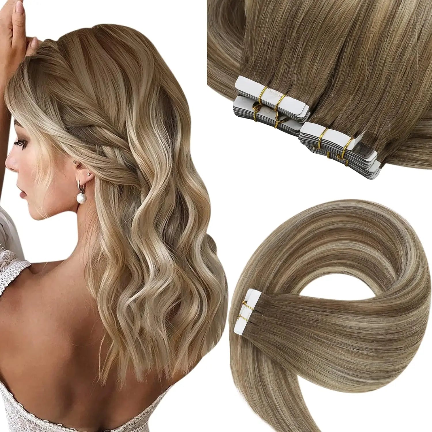 [NEW]VeSunny Tape In Hair Extensions and Accessories Human Hair Wigs Real Natural Hair Balayage Color #4-14-60 Skin Weft Straight Seamless Wig