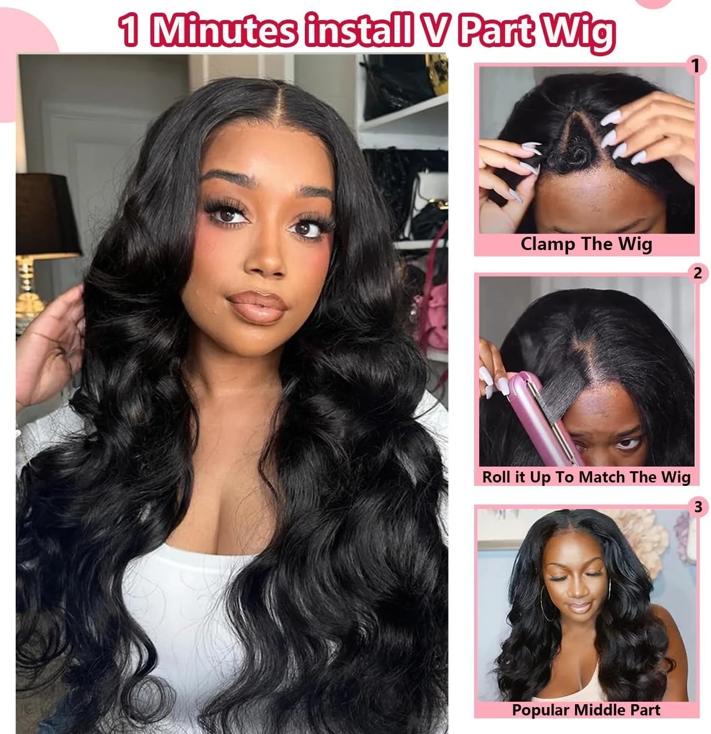 New Brand 250% Density Natural Black Body Wave V Part Wig Human Hair Gluelesss Upgrade U Part Wigs for Black Women Human Hair