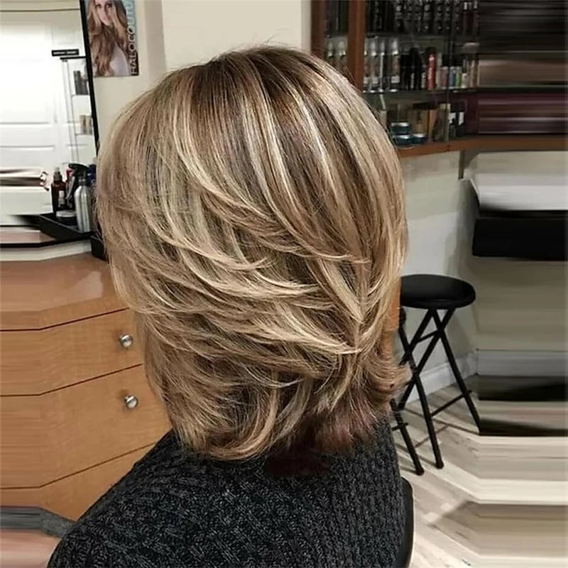 HAIRJOY Dark Gray Ombre Layered Wigs with  Bangs for Black Women Synthetic Hair Style Short Gray Highlight Straight  Layered Bob Wig