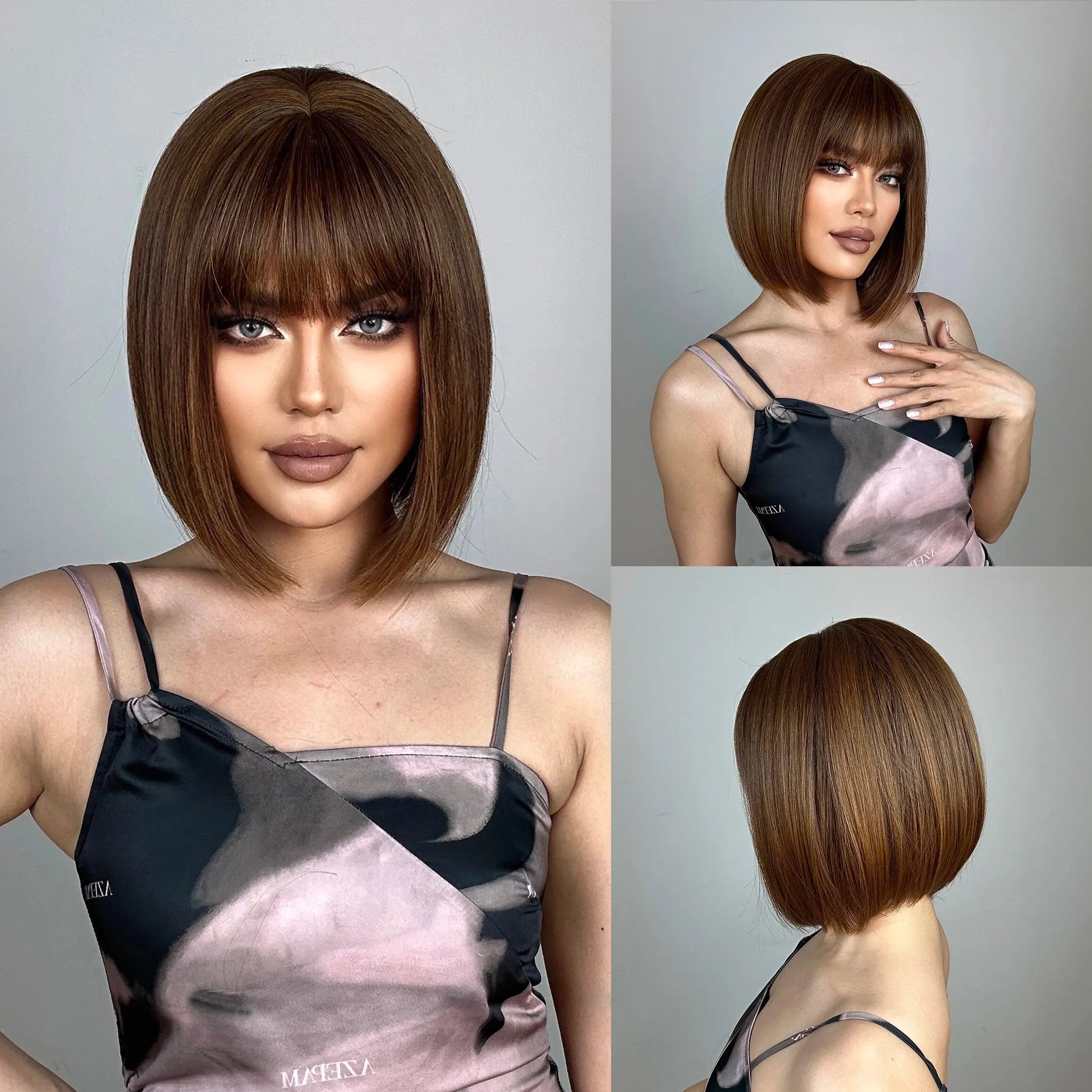 Short Straight Bob Synthetic Wigs Pink Natural Hair Wig with Bangs for Women Cosplay Cute Hair Style Heat Resistant Fiber