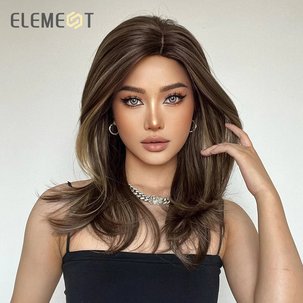 ELEMENT Synthetic Wig Medium Wavy Hair Brown Mixed Blonde Wigs for Women Daily Party Cool Heat Resistant Breathable Headband, Hair style