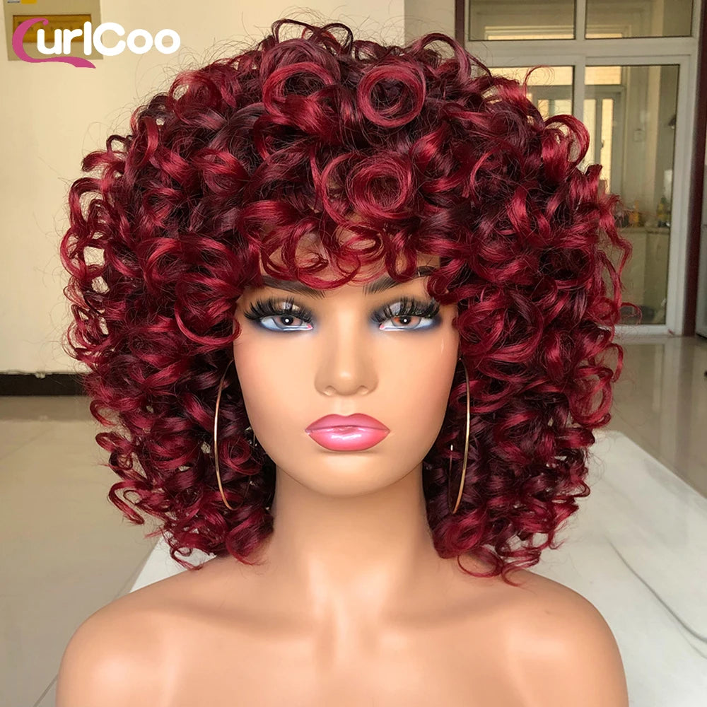 Short Hair Afro Curly Wig Natural Blonde Hair Wigs with Bangs Fluffy Synthetic Ombre Cosplay Lolita Wigs For Black Women
