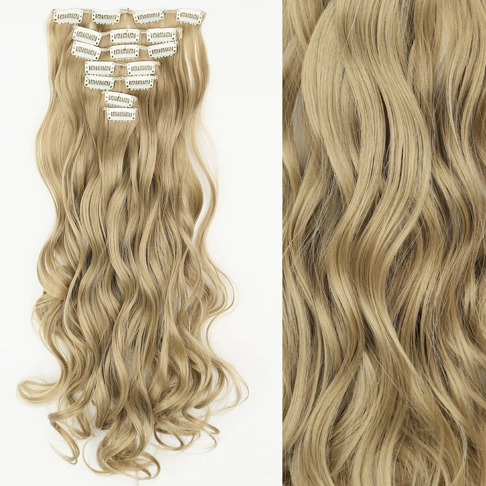 7Pcs/Set 16 Clips Wig Hair Accessories Extension Black Long Straight Natural Hair Wigs Ombre Hairpiece Heat Resistant Fiber For Women Hair Style
