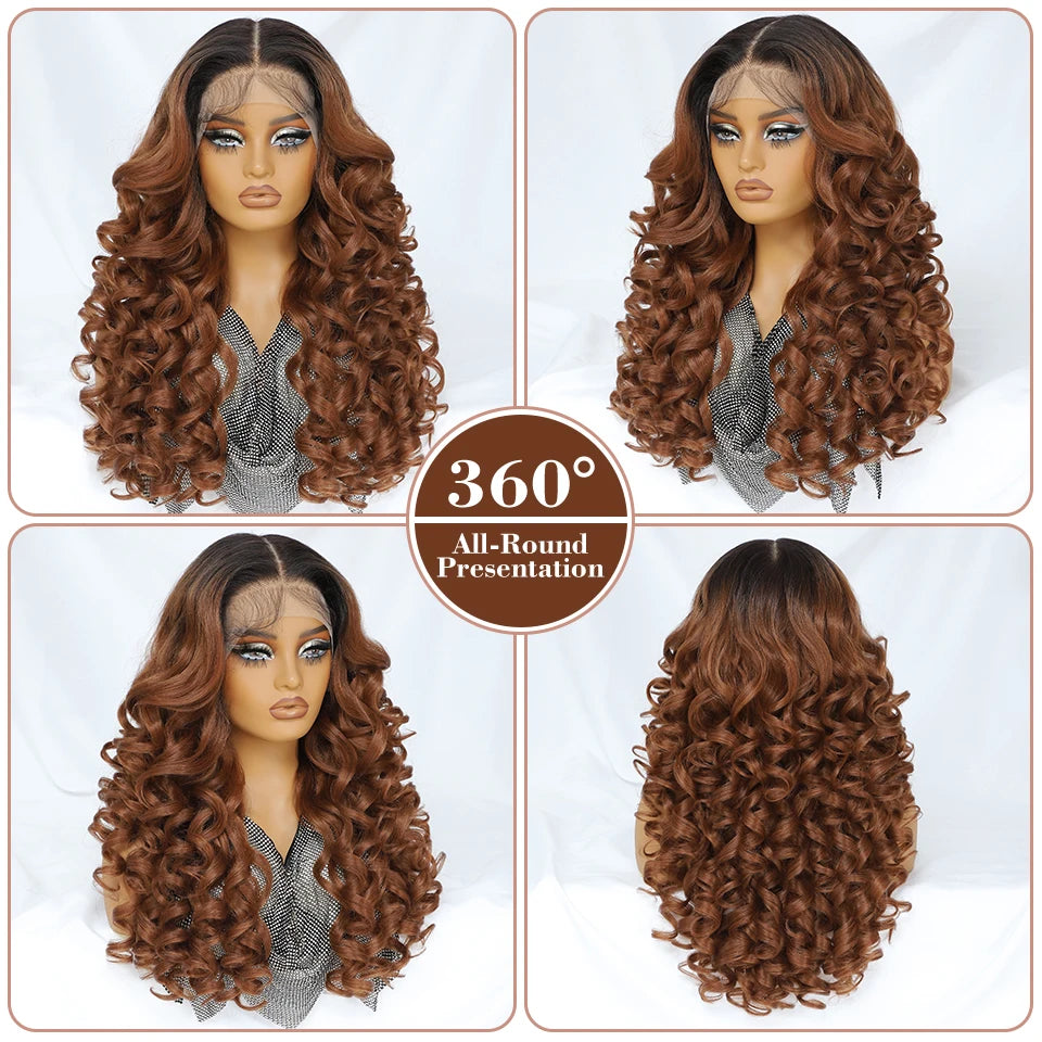 Latisha HD Synthetic Lace Front Wigs Curly Pre Plucked Lace Frontal Wig with Bangs for Women Highlight with Babyhair 24Inch Wigs