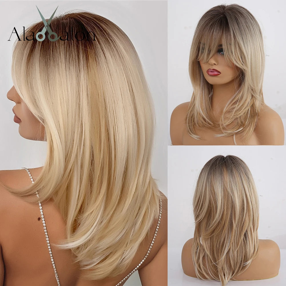 ALAN EATON Layered Synthetic Wig with Bangs Straight Short Highlights Blonde Hair Wigs with for Women Daily Use